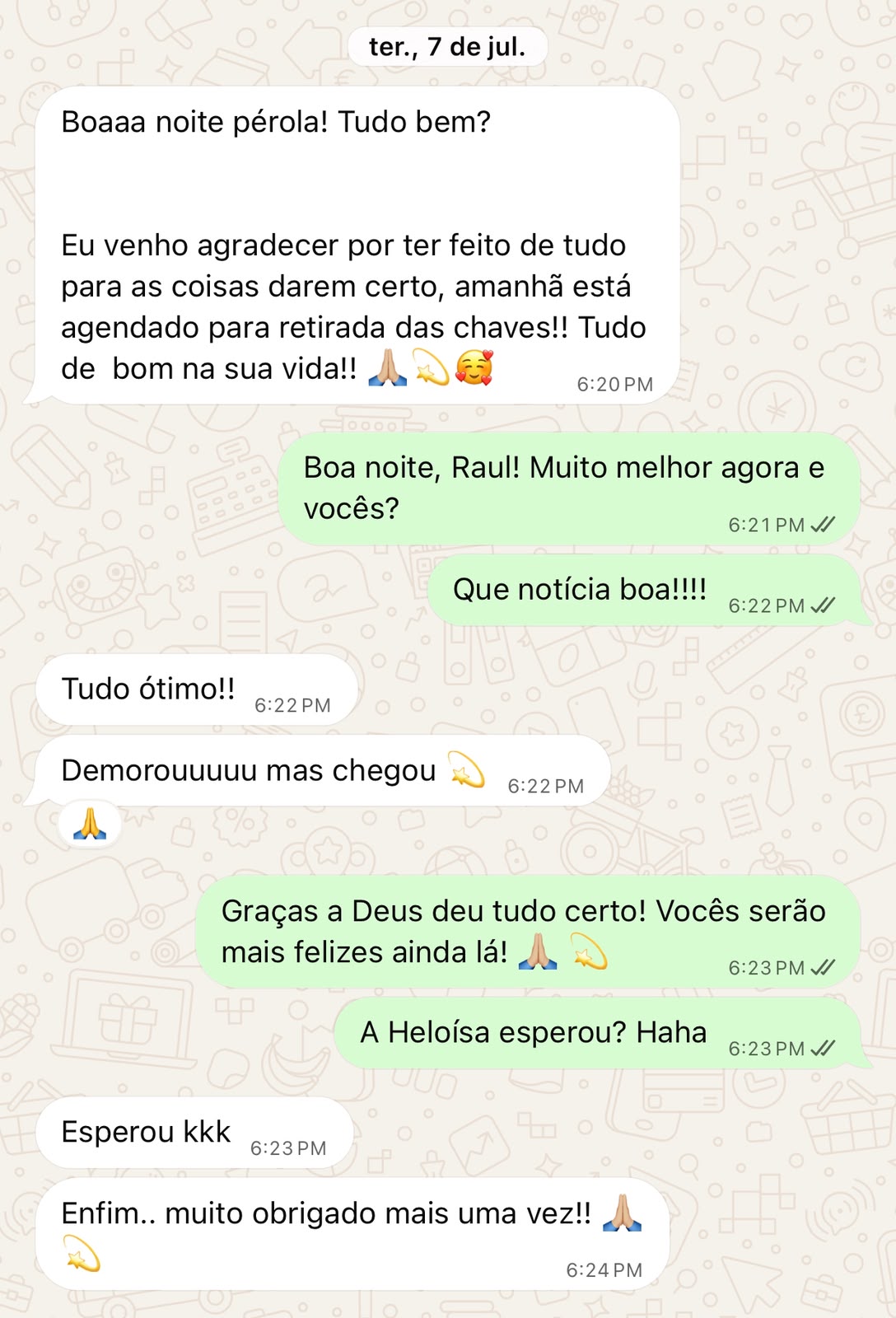 Mensagem de cliente agradecendo pelo acompanhamento até a entrega das chaves